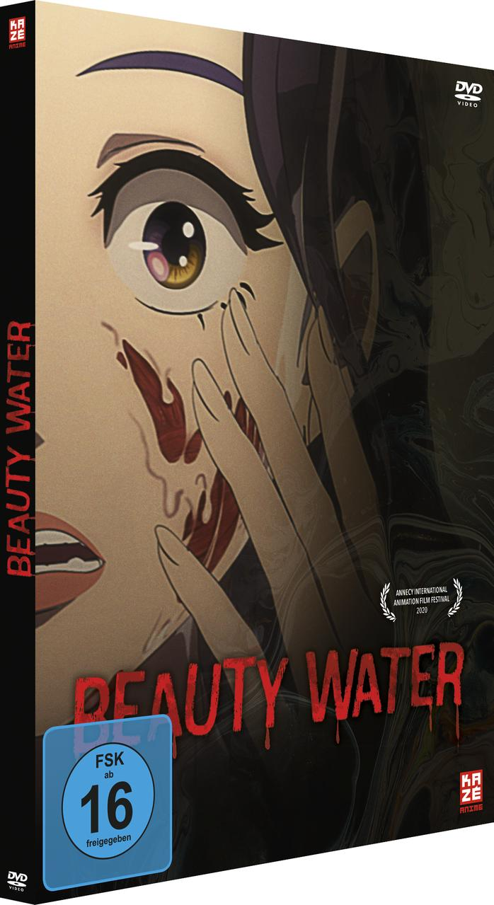 DVD-Cover für 'Beauty Water', ein Animationsfilm. Eine Frau mit blutigem Gesicht ist auf dem Cover zu sehen.