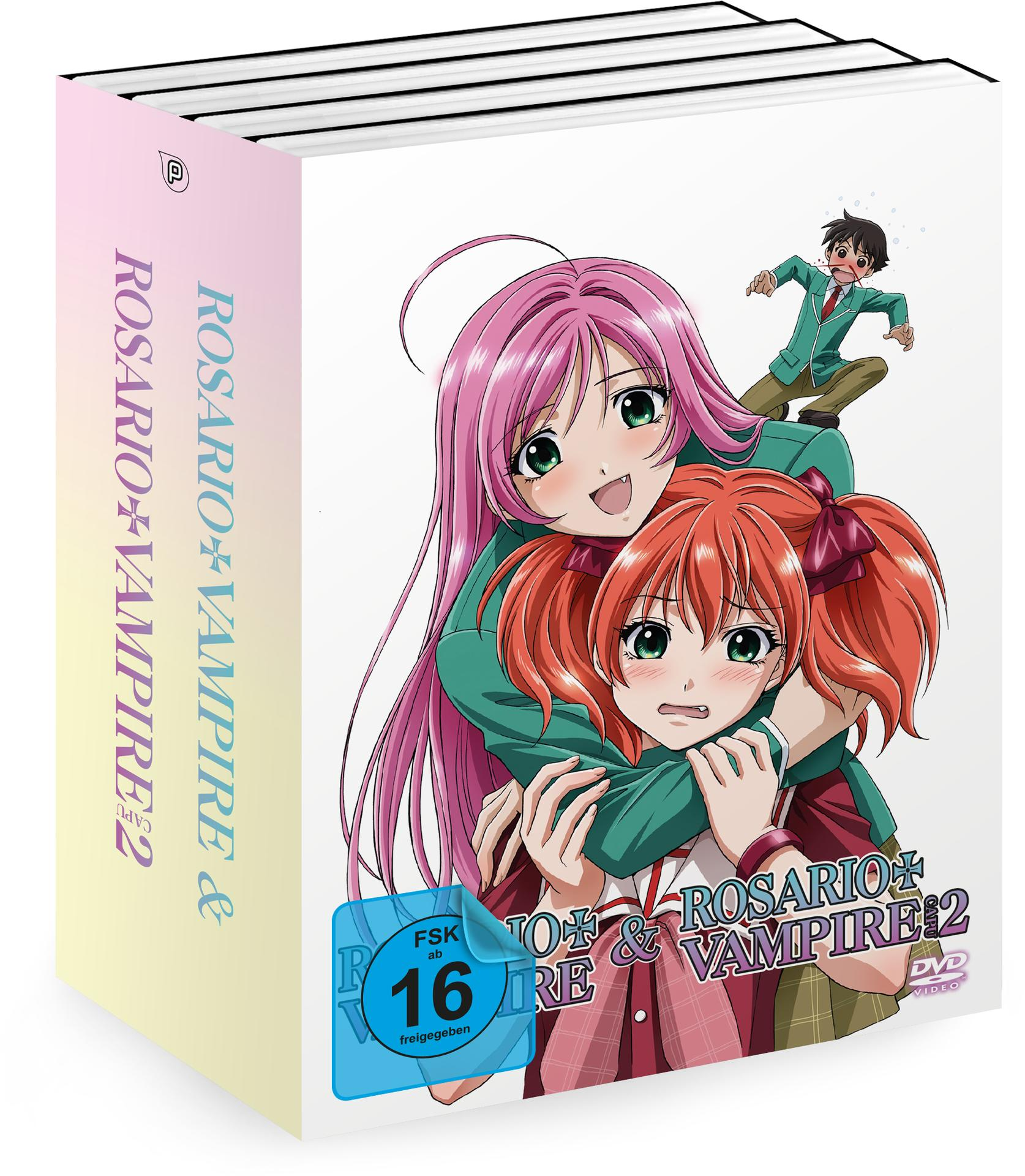 Anime-Box-Set mit drei DVDs, mit zwei Mädchen, rosa Haaren und einem Jungen in grüner Uniform.