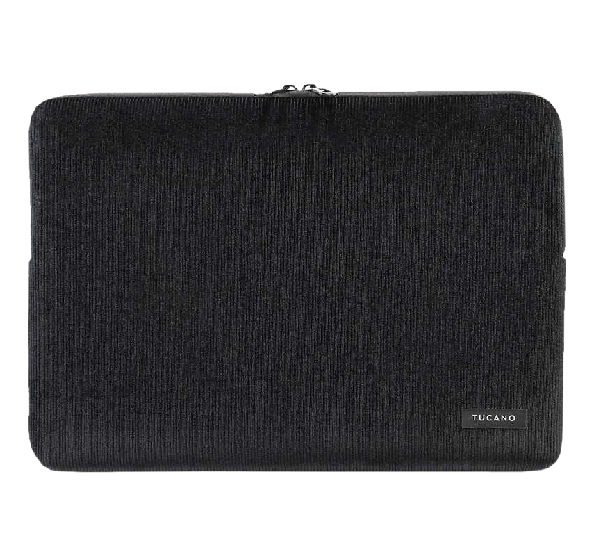 Schwarze, cordartig strukturierte Laptoptasche mit TUCANO-Etikett.