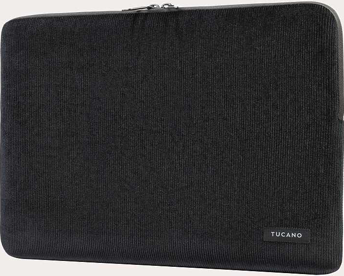 Schwarze Laptoptasche mit Reißverschluss und kleinem Logo.