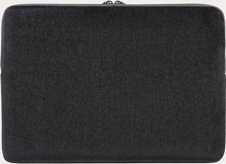 Schwarze Laptop-Hülle aus Cord mit Reißverschluss.