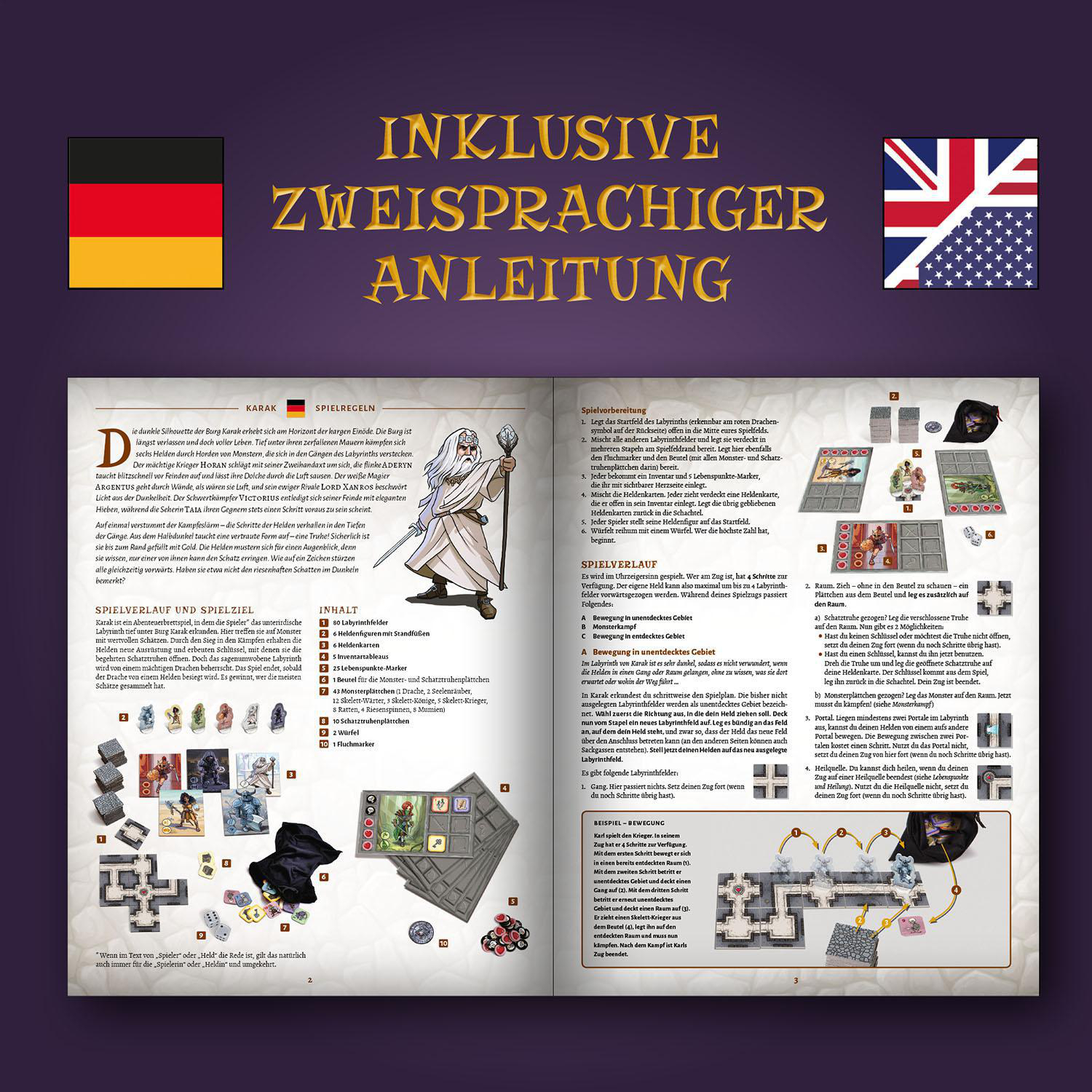 Zweiseitige Brettspielanleitung mit Flaggen und Komponenten.