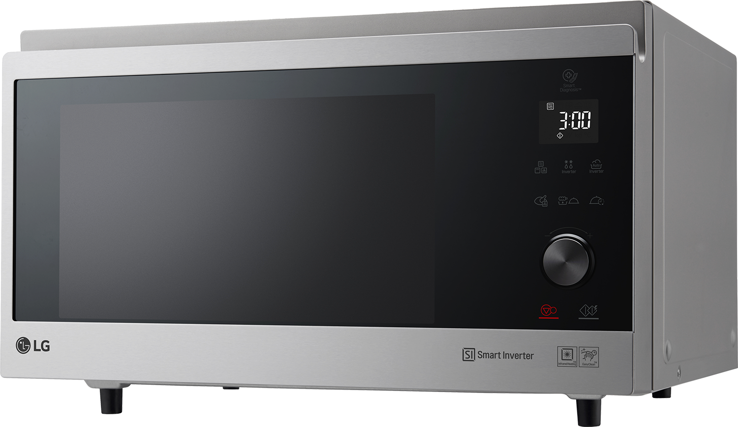 Een roestvrijstalen magnetron met een digitaal display en een bedieningsknop, met weergave van 3:00.