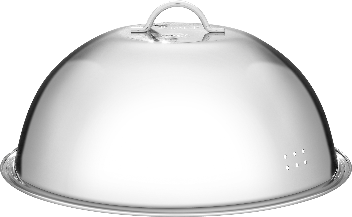 Zilveren roestvrijstalen dome deksel met handvat. Kleine ventilatiegaten.