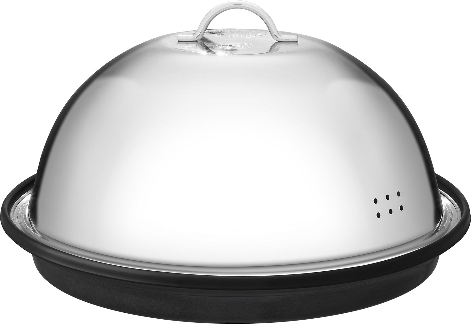 Een roestvrijstalen cloche met een zwarte basis.
