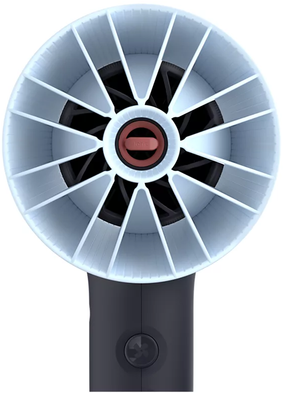 Egy ventilátorszerű eszköz felülnézete világoskék lapátokkal és sötétszürke fogantyúval.