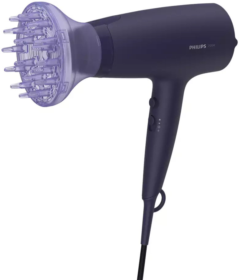 Sötétlila Philips hajszárító diffúzorral, fehér háttér előtt.