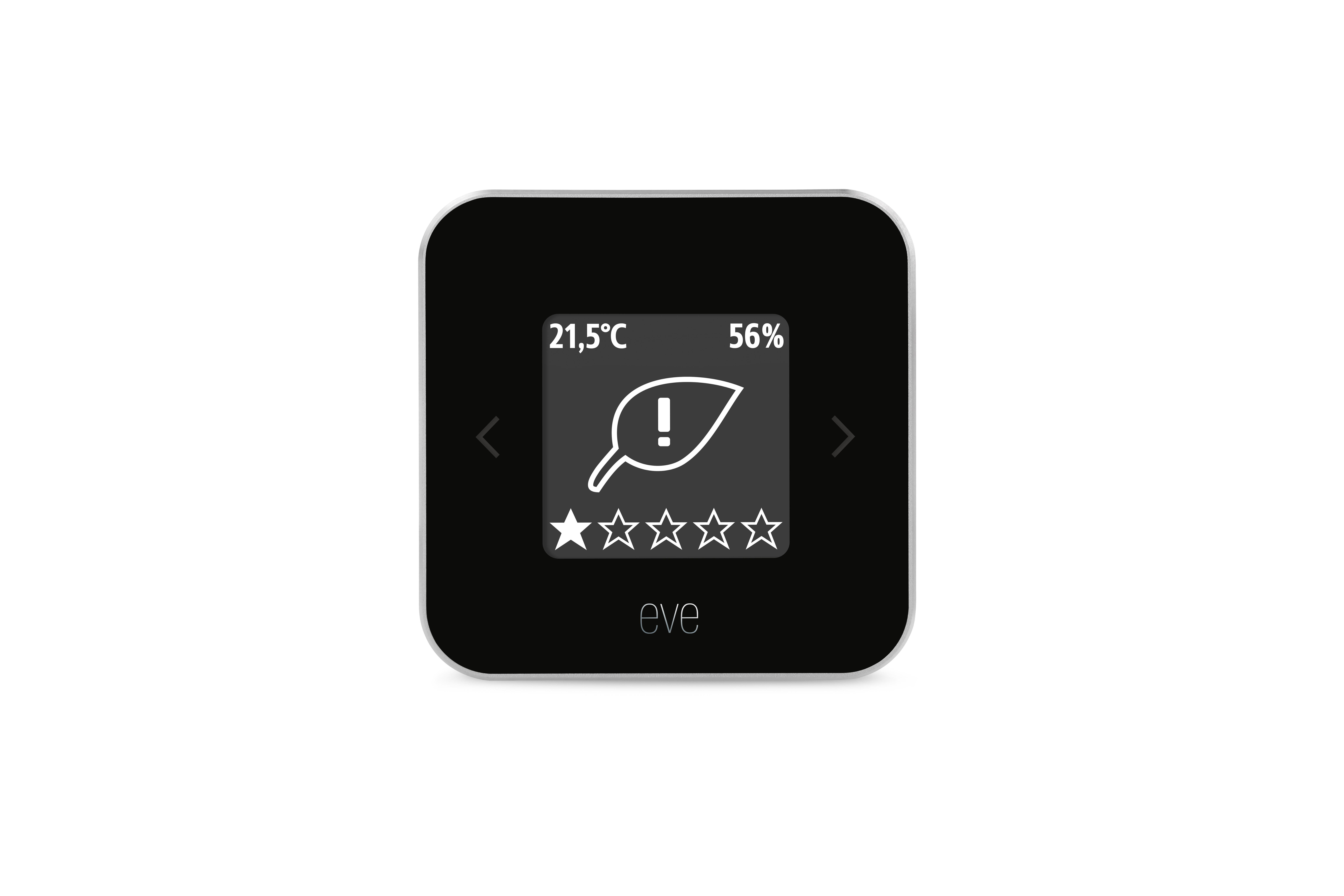 Schwarzes Smart-Home-Gerät mit Anzeige von Temperatur und Blatt-Symbol.