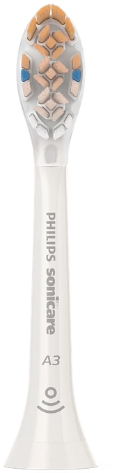 Egy Philips Sonicare A3 kefefej narancssárga és kék sörtékkel.