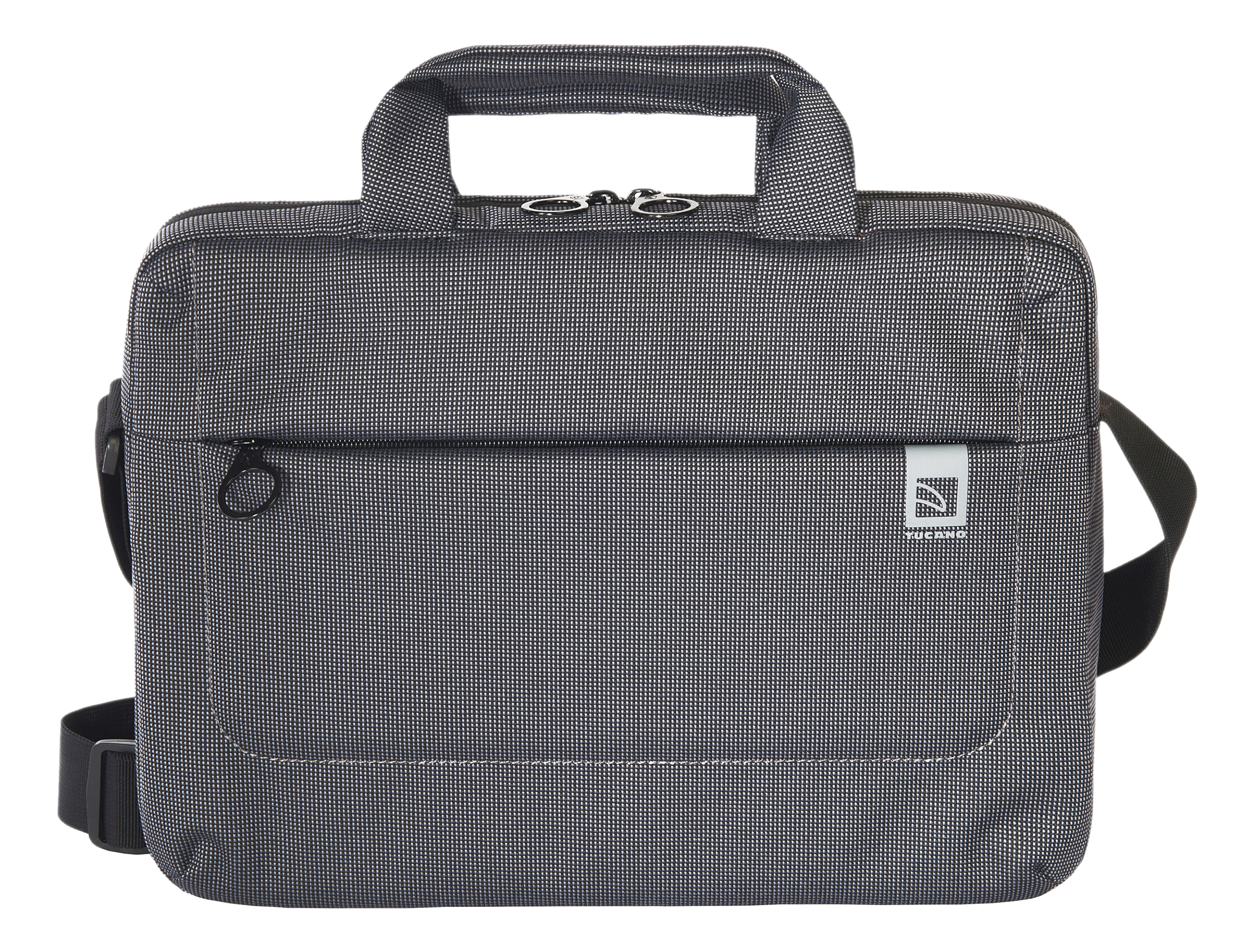 Eine graue Laptoptasche mit Griff und Schultergurt, auf schwarzem Hintergrund.