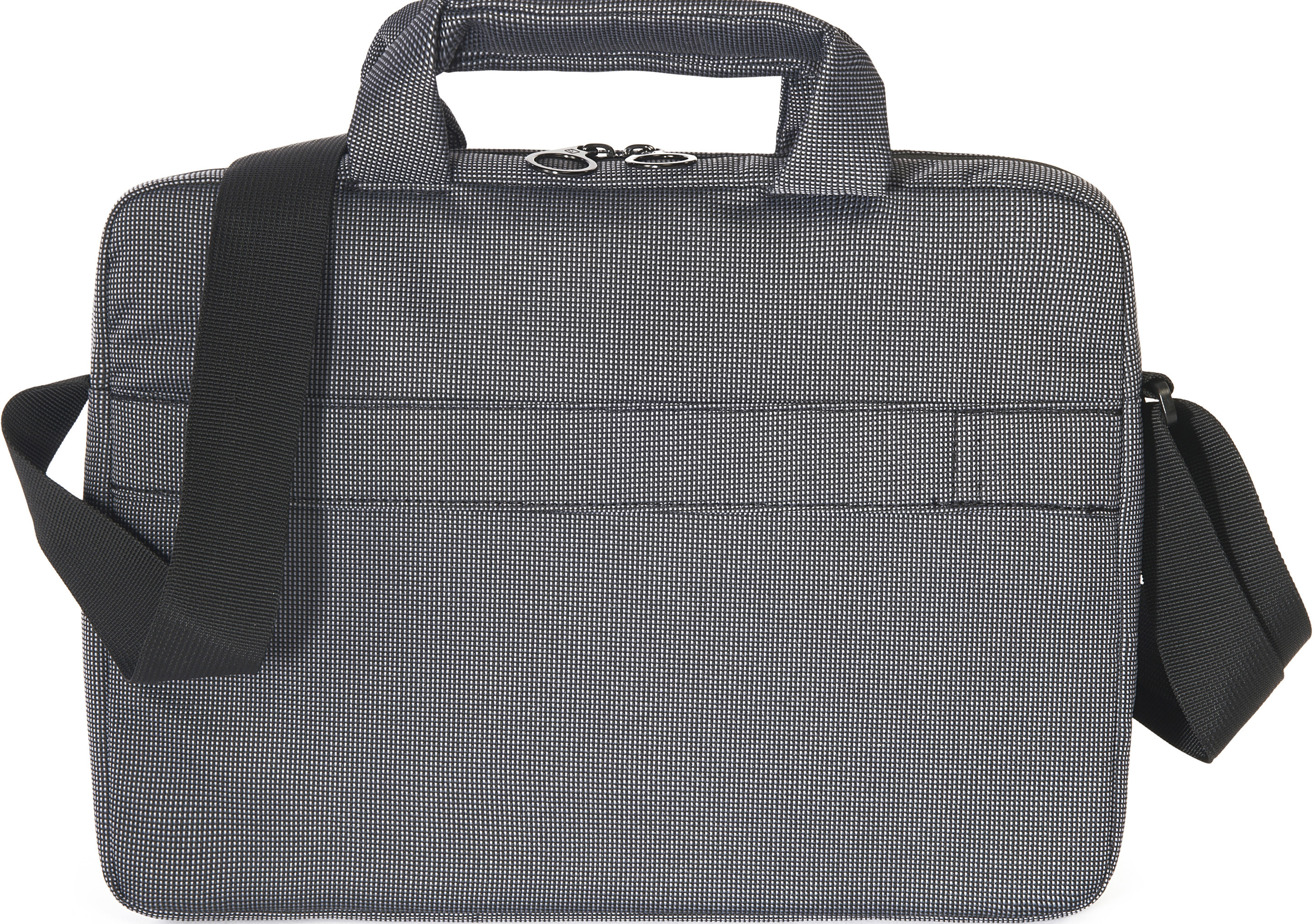 Eine graue Laptoptasche mit Griff und Schultergurt. Die Tasche hat ein strukturiertes Muster.