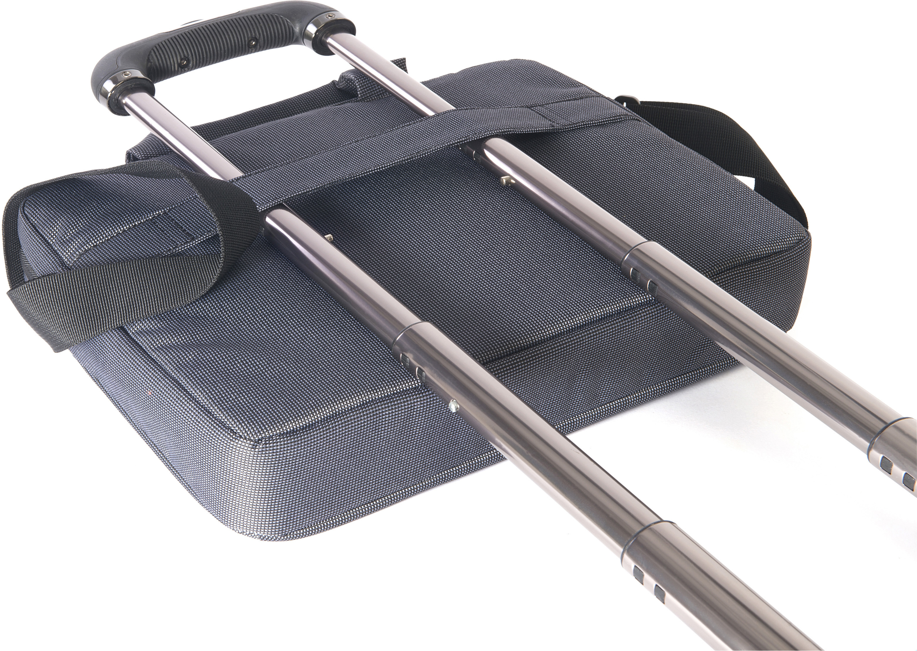 Rückseite einer grauen Tasche mit Griff.