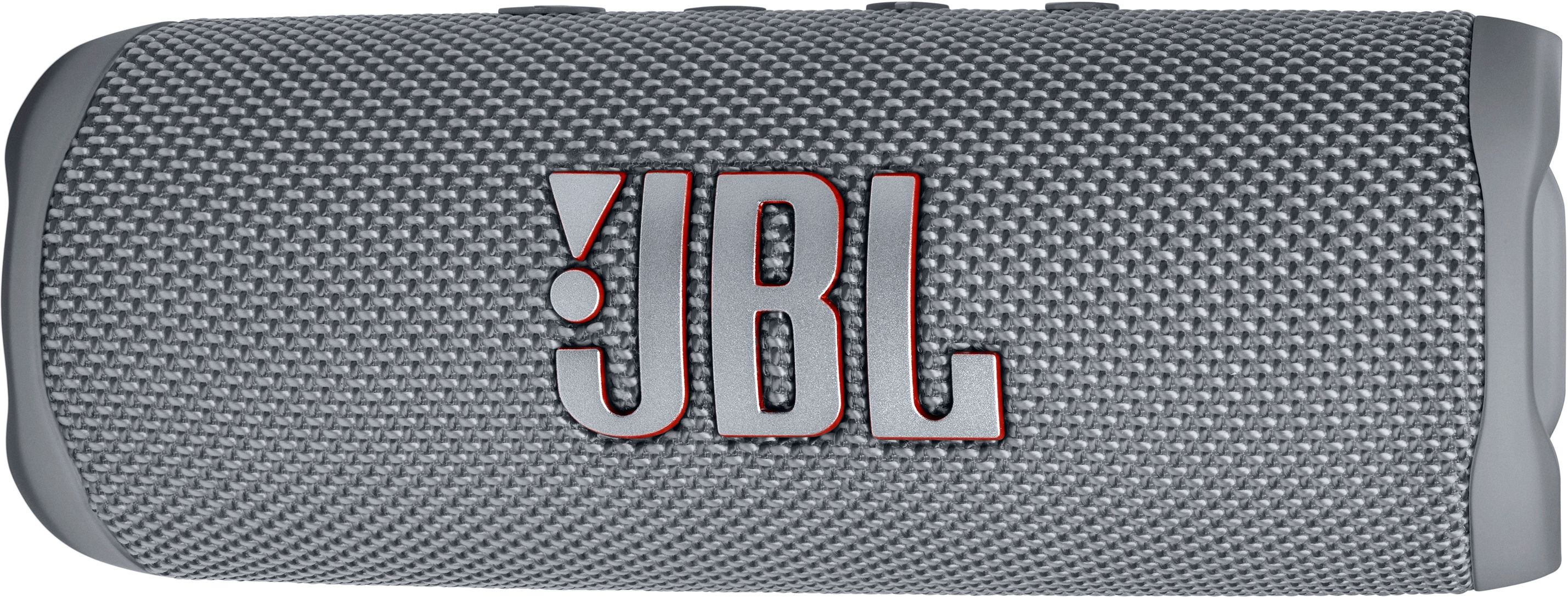 Szürke JBL hangszóró piros JBL logóval. A hangszóró texturált mintával rendelkezik.