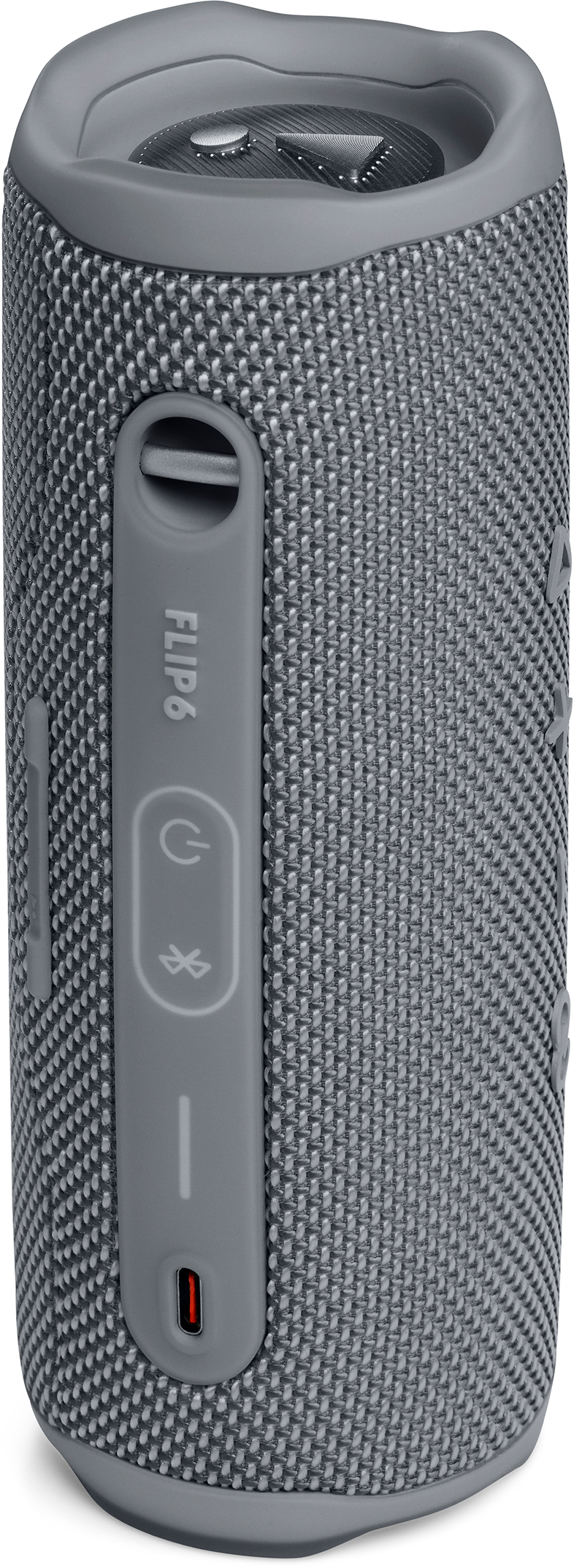 Szürke, hengeres JBL Flip 6 hangszóró oldalsó vezérlőkkel. Fehér háttér.