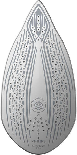 Egy Philips SteamGlide Elite vasaló talplemeze OptimalTEMP és SteamGlide Elite szöveggel.
