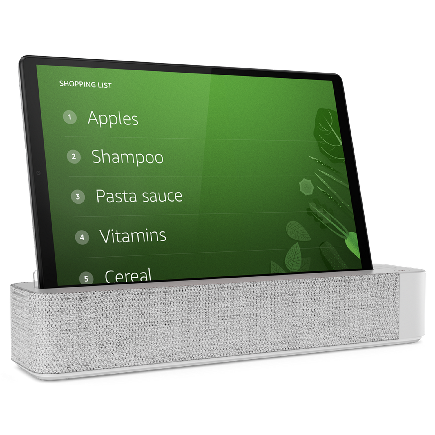 Tableta con lista de compras, sobre una base de altavoz blanca, fondo negro.
