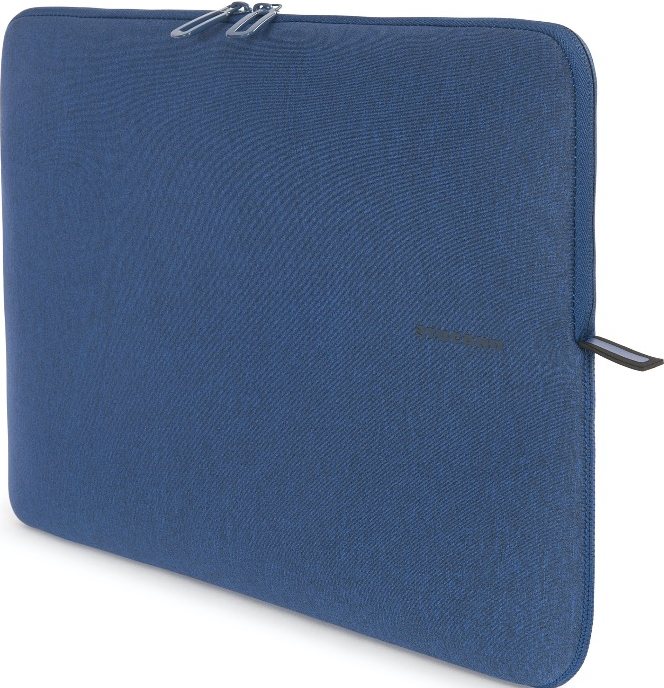 Housse d'ordinateur portable bleue avec une fermeture éclair et une petite sangle noire.
