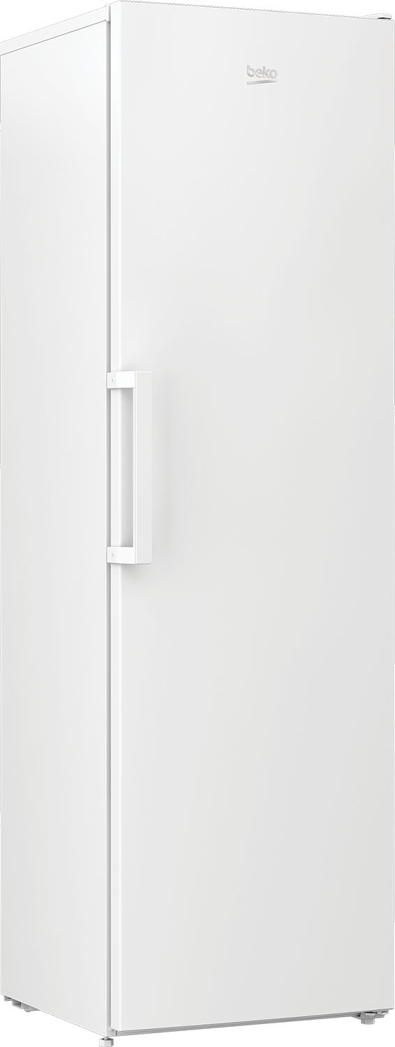 Een hoge, witte Beko vriezer met één deur en handvat, tegen een neutrale achtergrond.