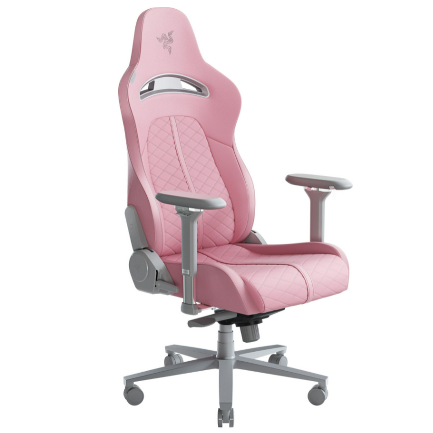 Una silla gaming rosa con el logo de Razer y reposabrazos grises.