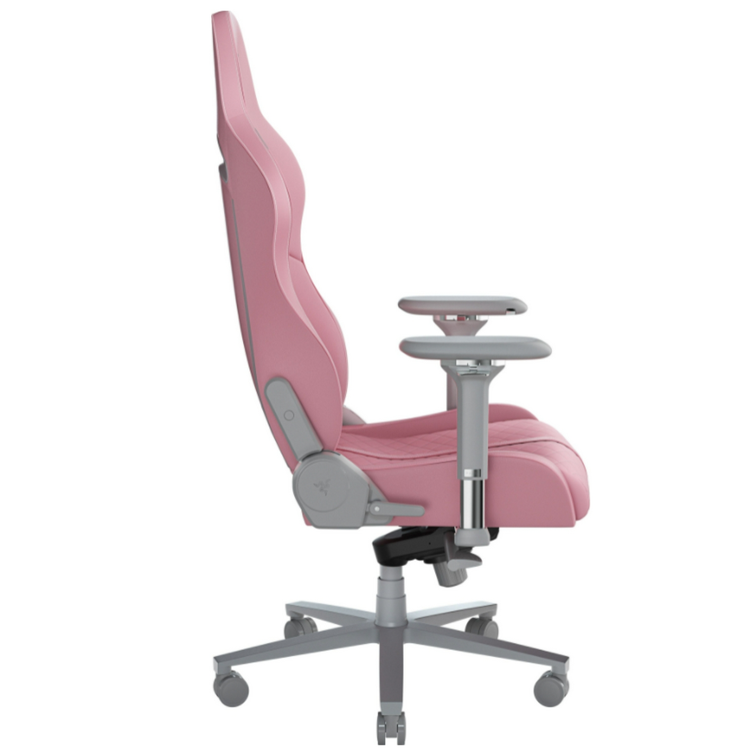 Silla gaming rosa, vista lateral, fondo blanco.