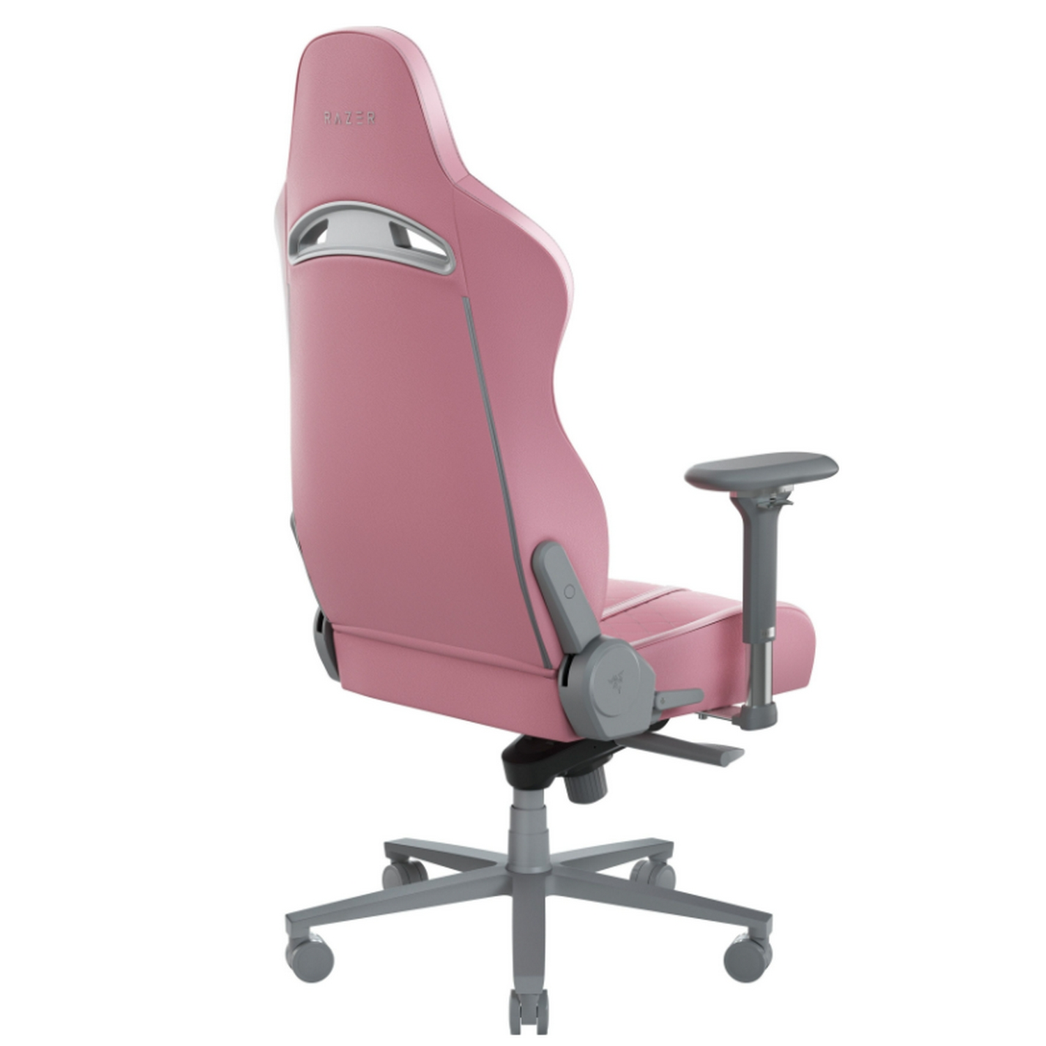 Silla gaming rosa con detalles grises, respaldo alto y logotipo de Razer.