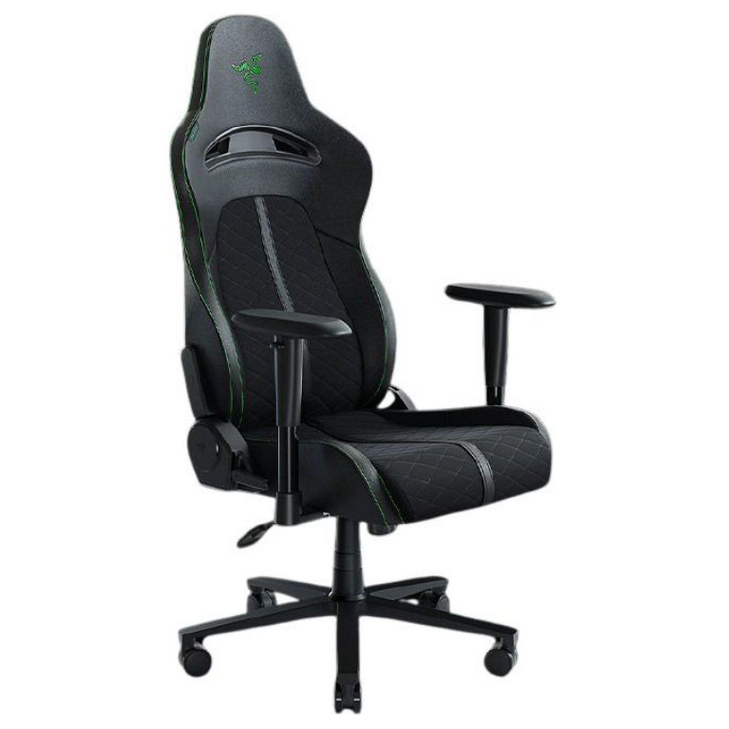 Una silla gaming Razer negra con detalles verdes sobre fondo blanco.