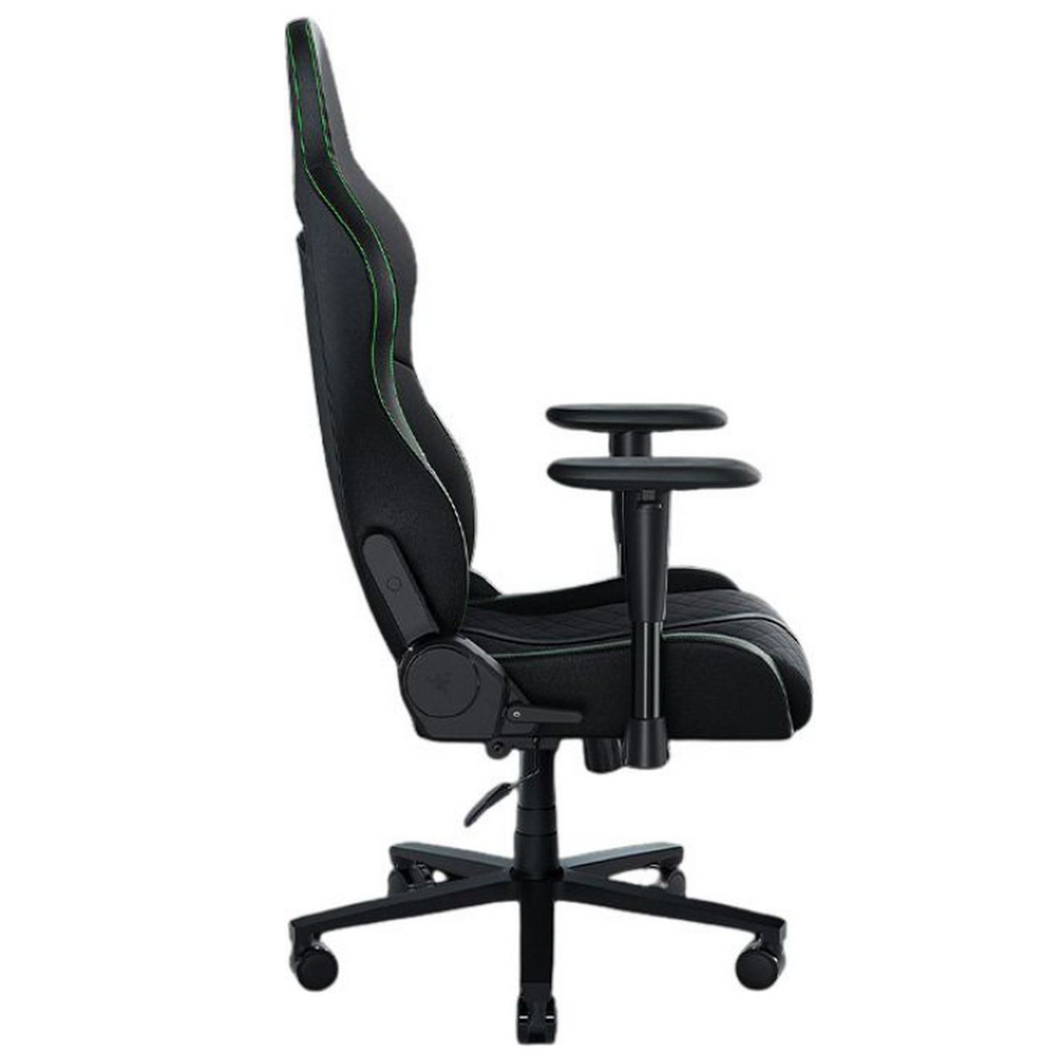 Una silla de juego negra, vista lateral, con detalles verdes y base negra.