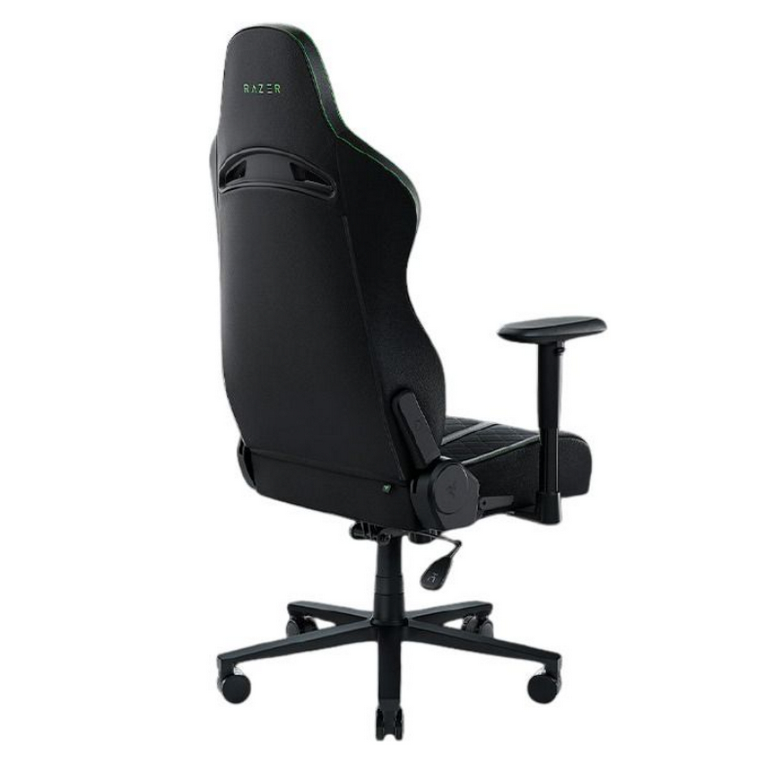 Una silla gaming Razer negra, vista desde atrás. Tiene detalles en verde.