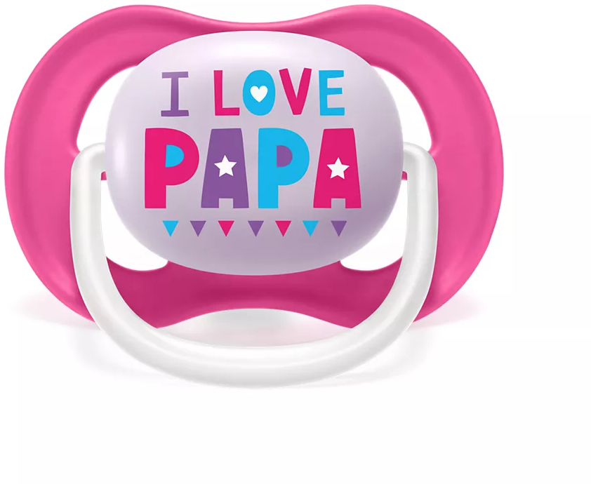 Rózsaszín-fehér cumi, "I LOVE PAPA" felirattal.