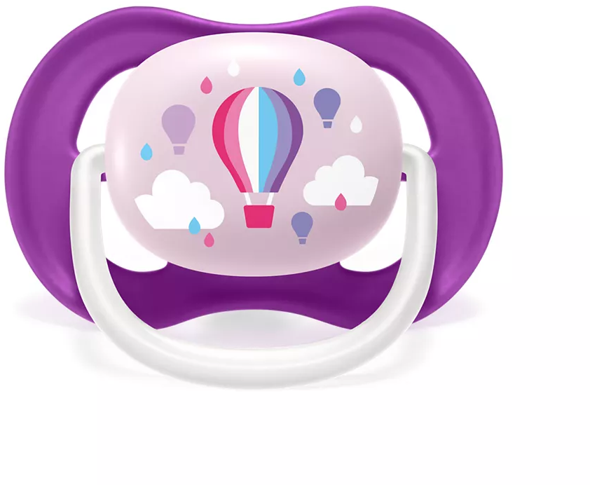 Lila-fehér cumi rózsaszín középpel, hőlégballon mintával és az Avent logóval.