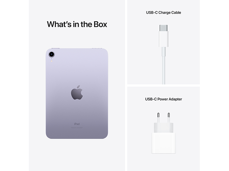iPad, USB-C kábel és adapter. A szöveg szerint: 'Mi van a dobozban'.