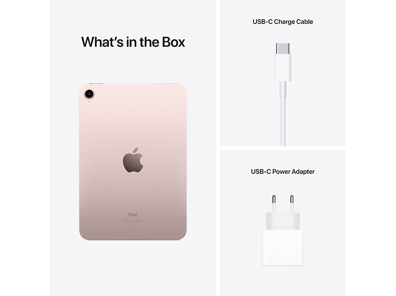 iPad, USB-C kábel és hálózati adapter, a dobozban felirattal fehér háttéren.