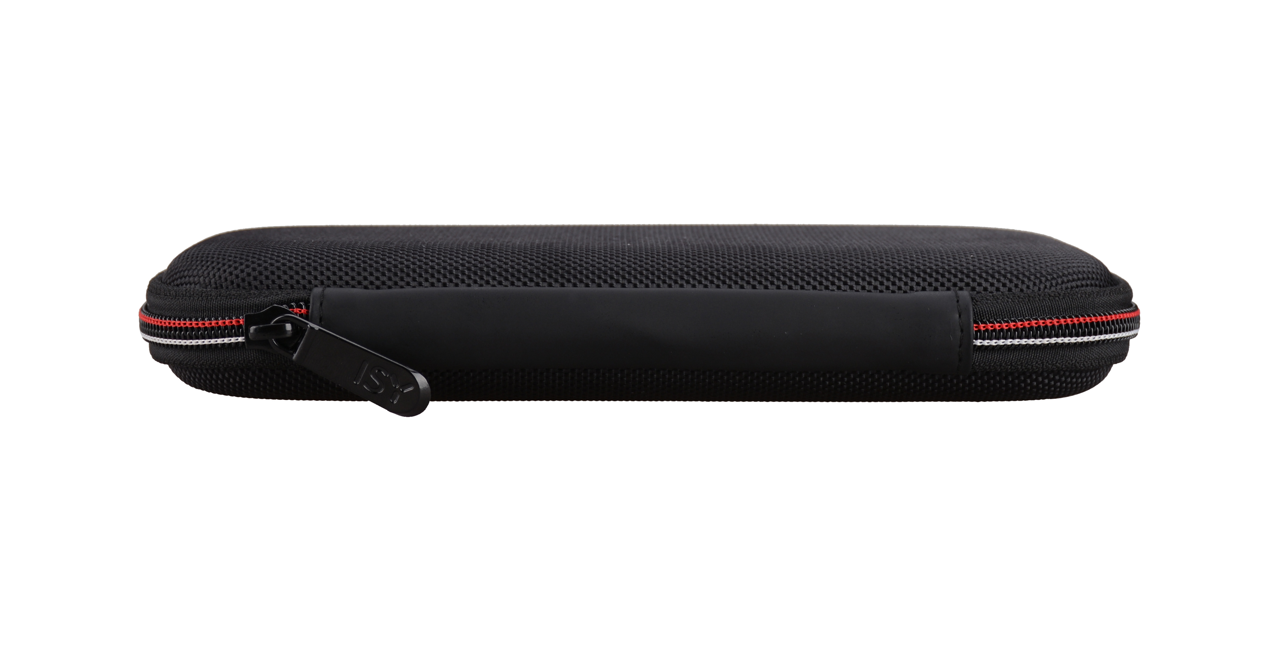 Schwarzes Etui mit Reißverschluss, Griff und rot/weißen Akzenten.