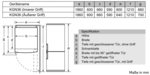 Diagramm mit Abmessungen, Spezifikationen und einer Ansicht eines Kühlschranks.