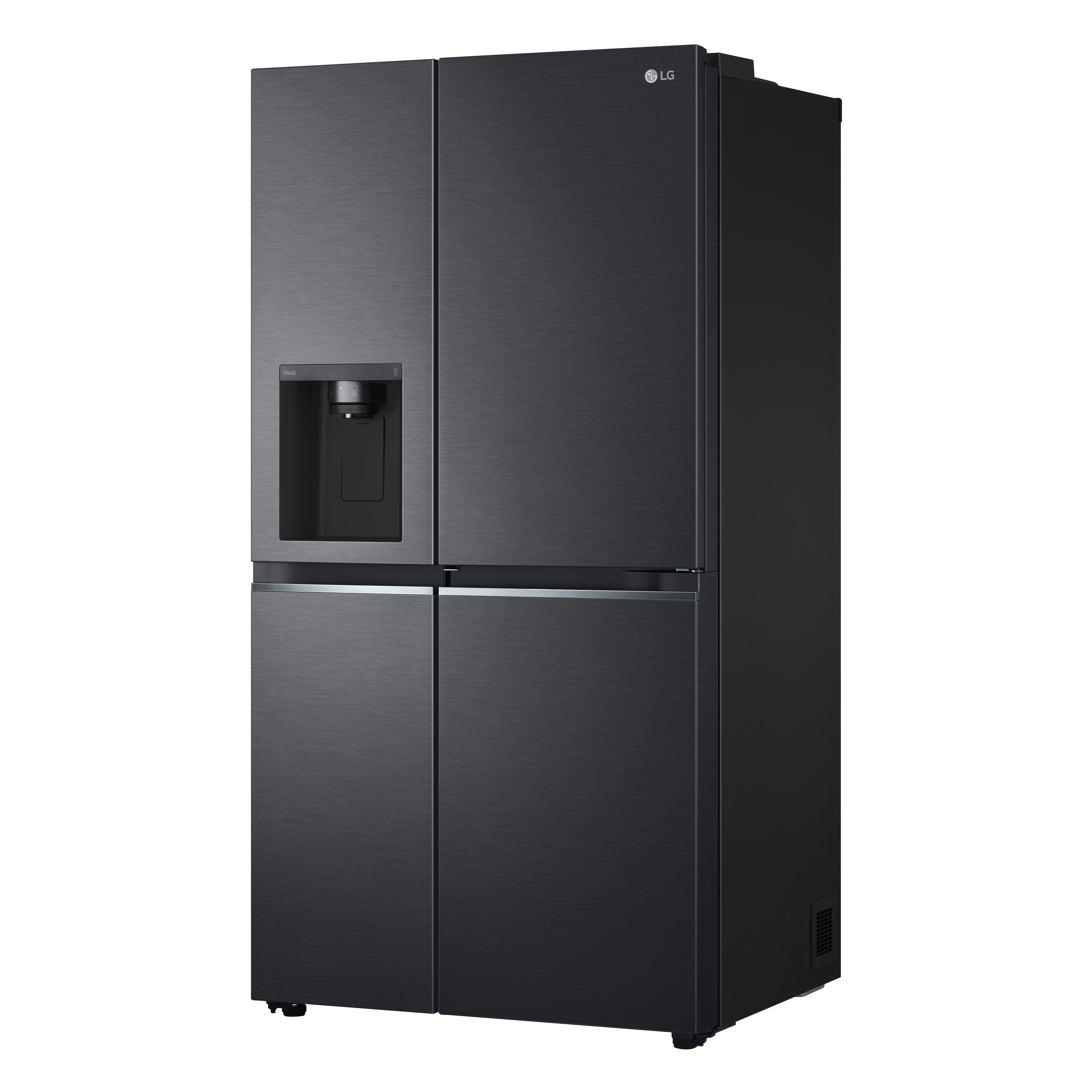 Schwarzer LG Side-by-Side-Kühlschrank mit Wasserspender.