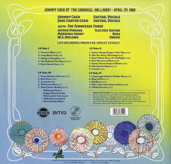Verso d'un disque vinyle, avec listes des pistes et art floral.