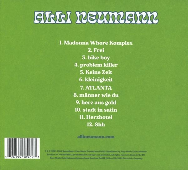 Rückseite der CD-Hülle. Grüner Hintergrund, weißer Text. Album-Tracks und Künstlerinfo.