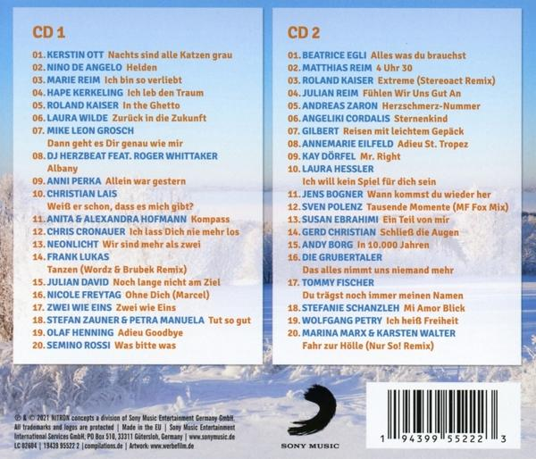 Rückseite einer CD mit Titeln auf Deutsch. Albumcover zeigt winterliche Landschaft mit Text.
