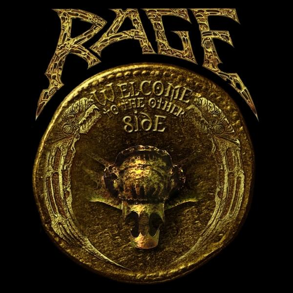 Ein goldfarbenes Albumcover mit dem Wort RAGE in fetten Buchstaben und einem metallischen Symbol.