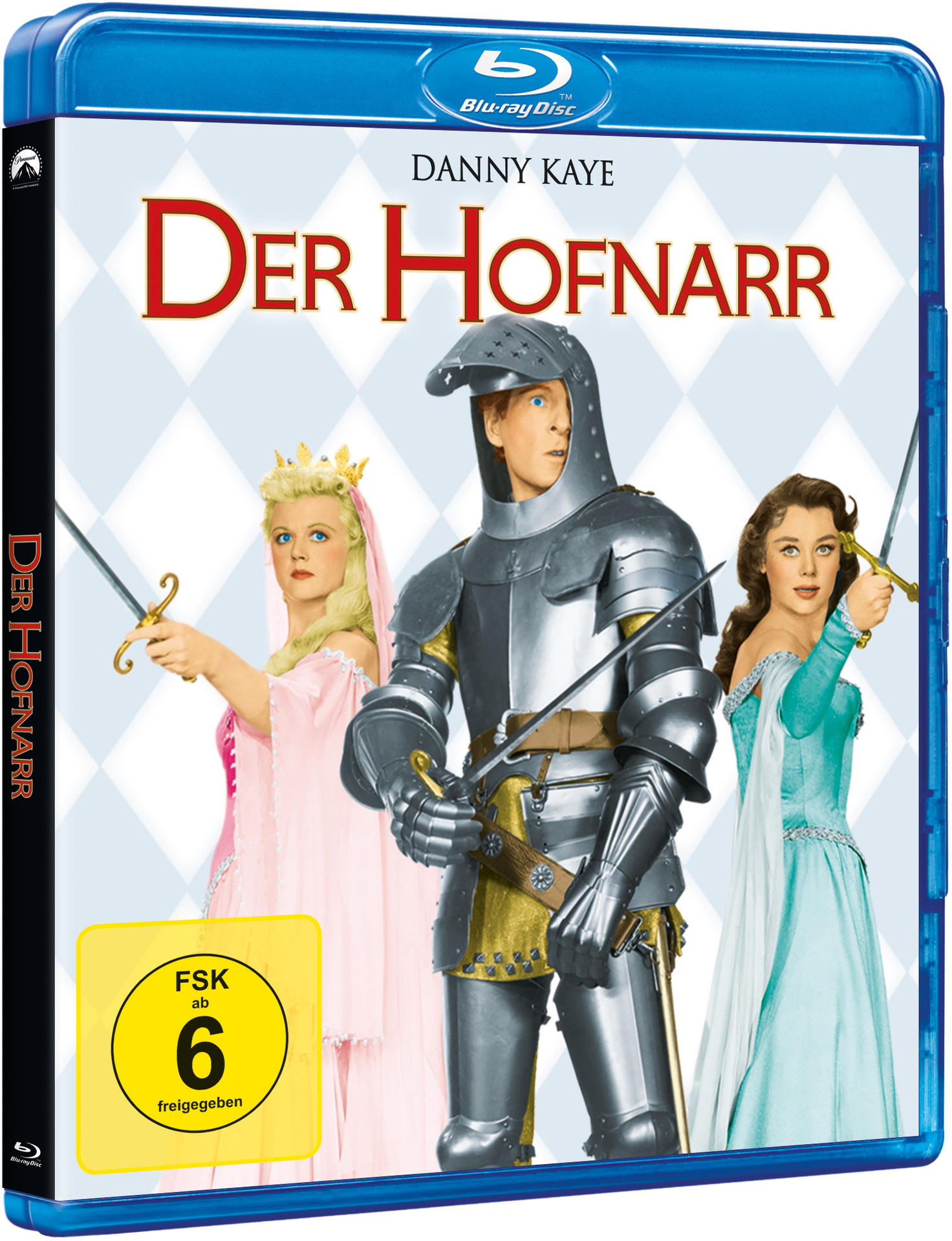 DVD-Cover eines Films namens 'Der Hofnarr' mit drei Schauspielern auf blauem Hintergrund.