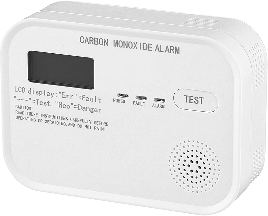 White carbon monoxide alarm with LCD screen, buttons, and a speaker.
