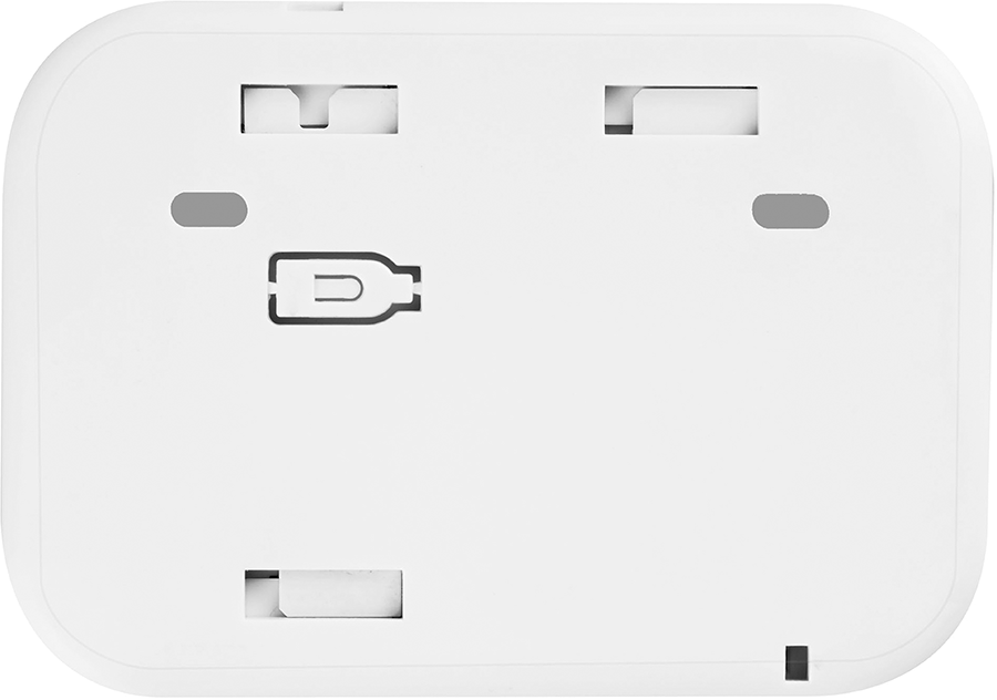 White Wi-Fi range extender's back side with a power plug and mounting slots.