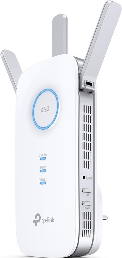 Répéteur Wi-Fi blanc avec antennes déployées, affichant les voyants d'alimentation et d'état.