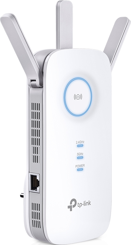Répéteur Wi-Fi TP-Link blanc et gris avec antennes.