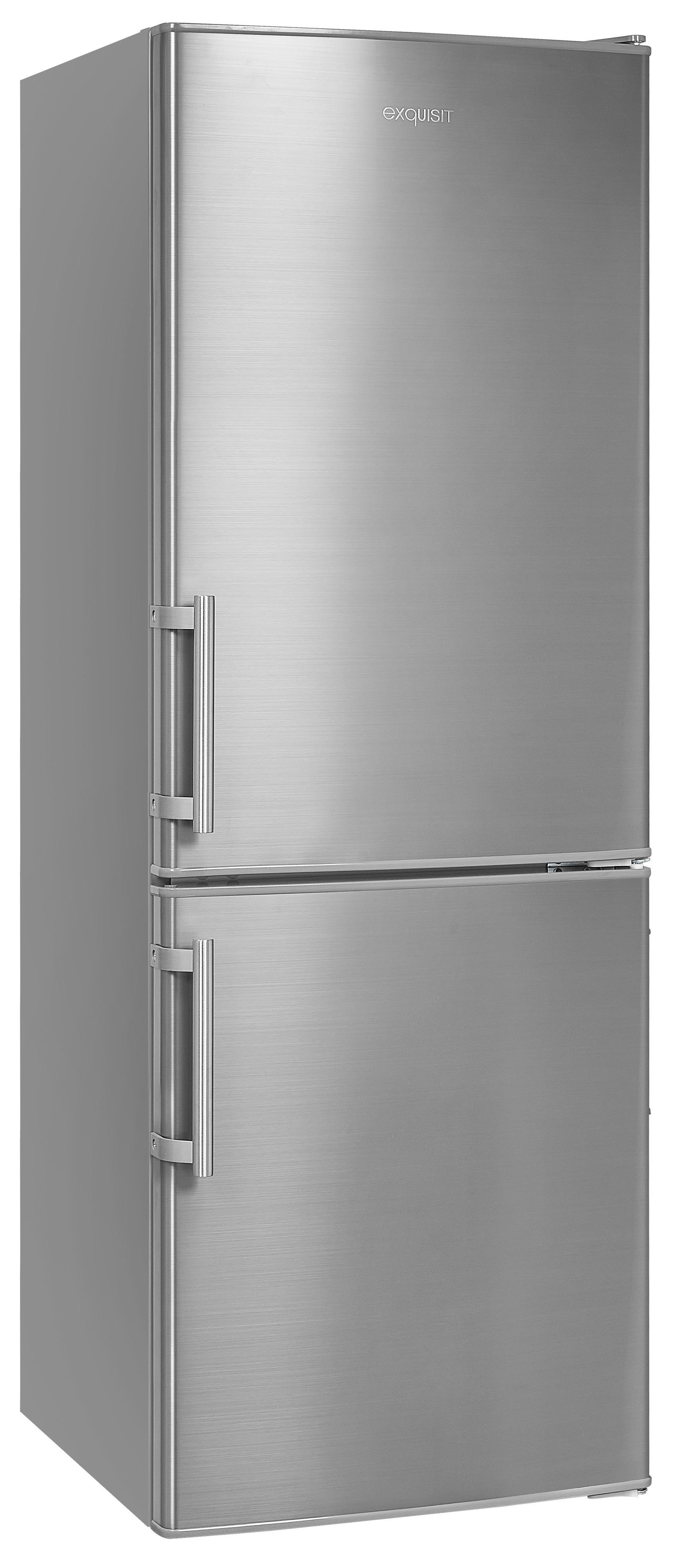 Kühlschrank aus Edelstahl. Zwei Türen, eine oben und eine unten. Silberne Griffe.