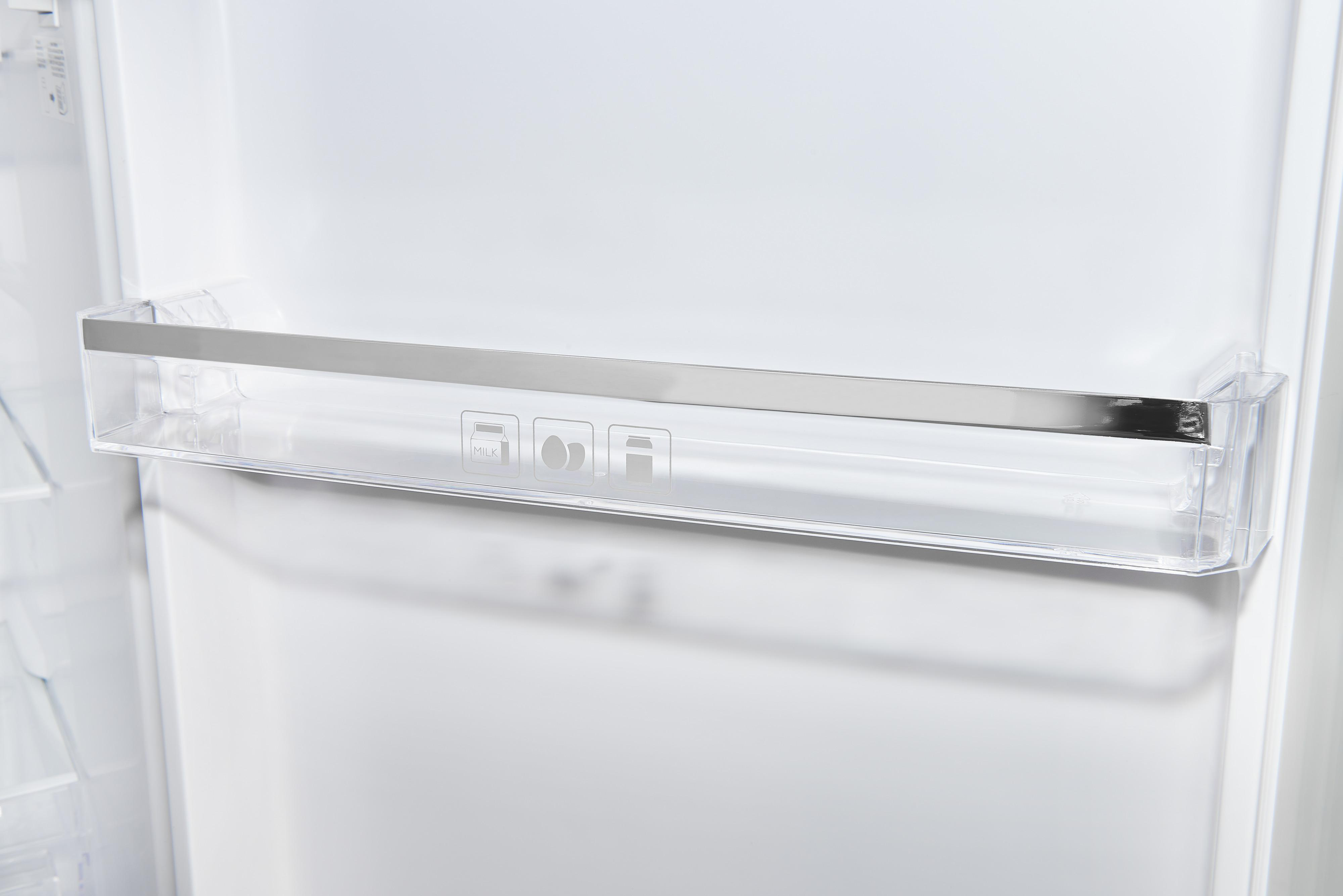 Ein transparentes Regal in einem weißen Kühlschrank mit Symbolen für Lebensmittel wie Milch und einen Teller.