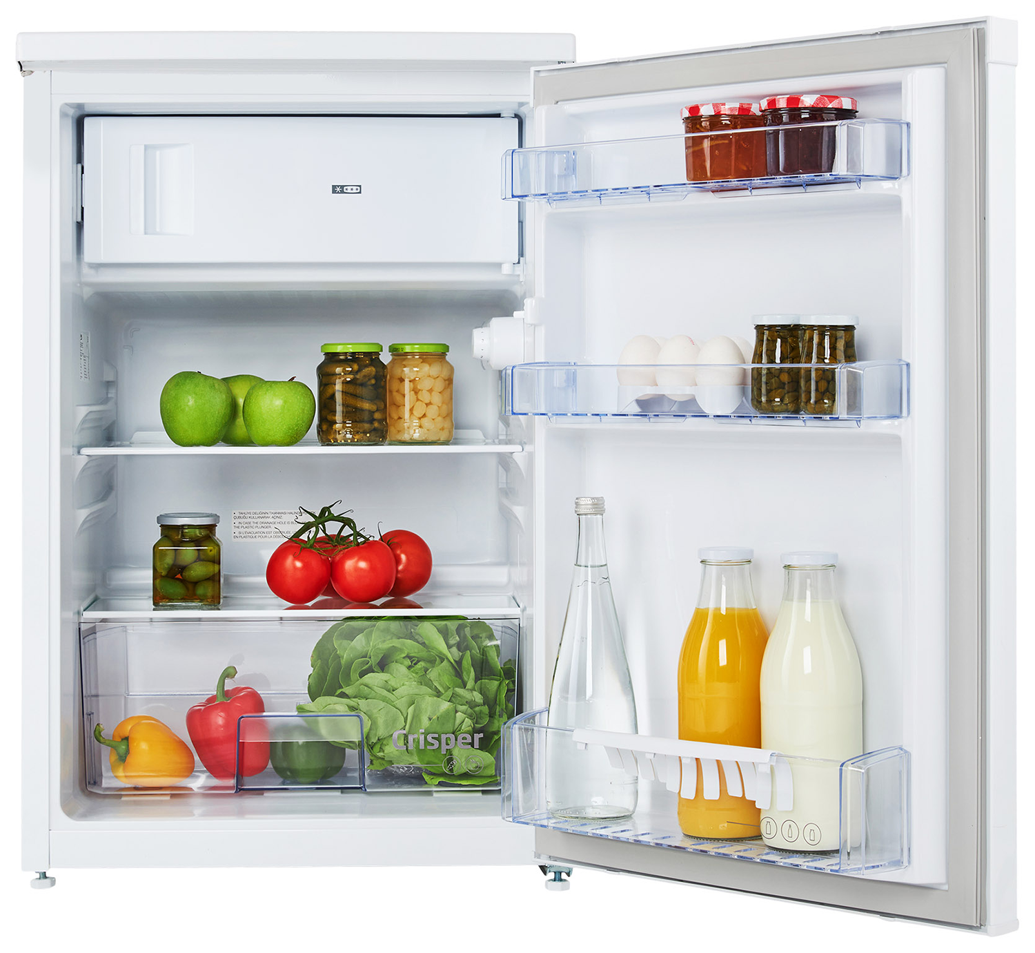 An open refrigerator with shelves filled with food items.