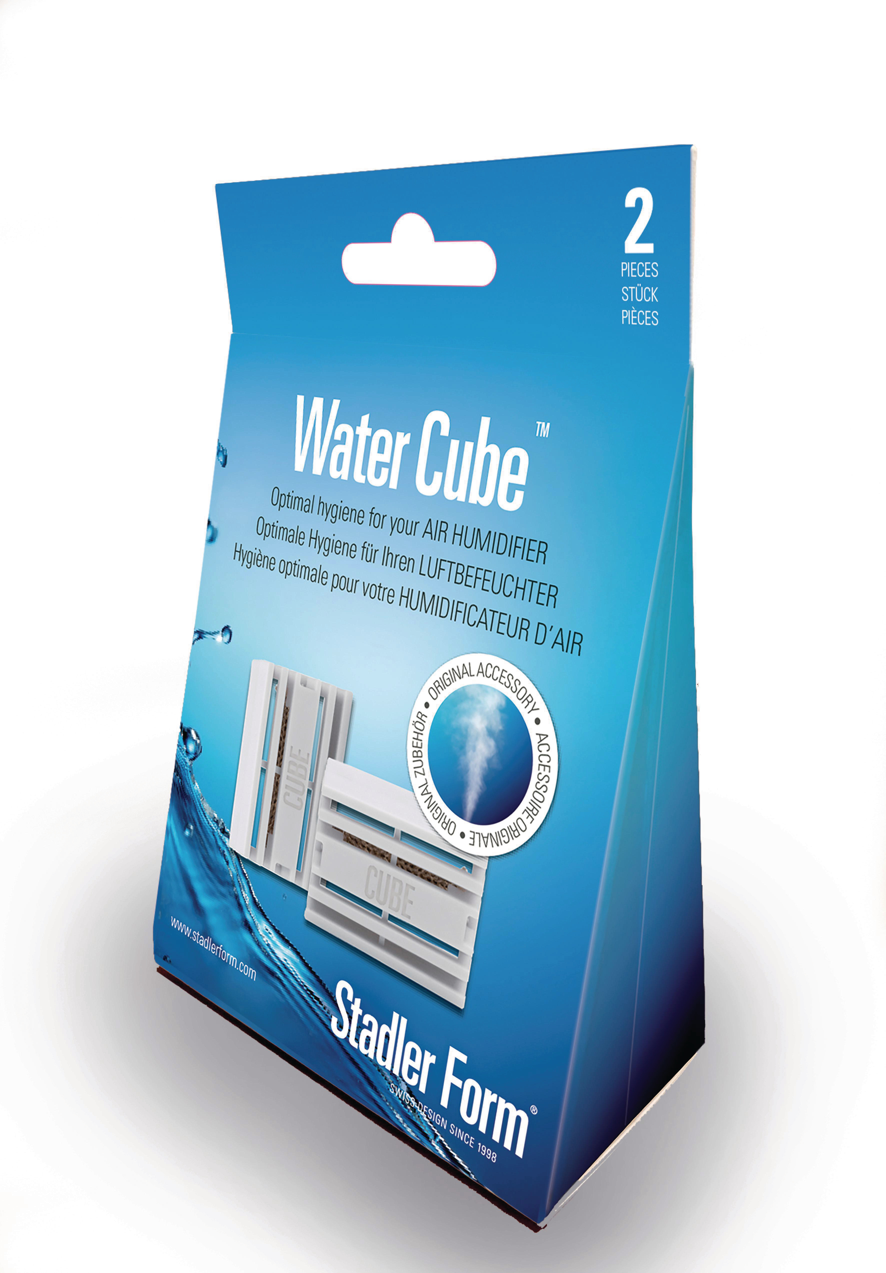 Blau-weiße Schachtel. Text: Water Cube, optimale Hygiene. Enthält zwei Teile. Stadler Form Logo.