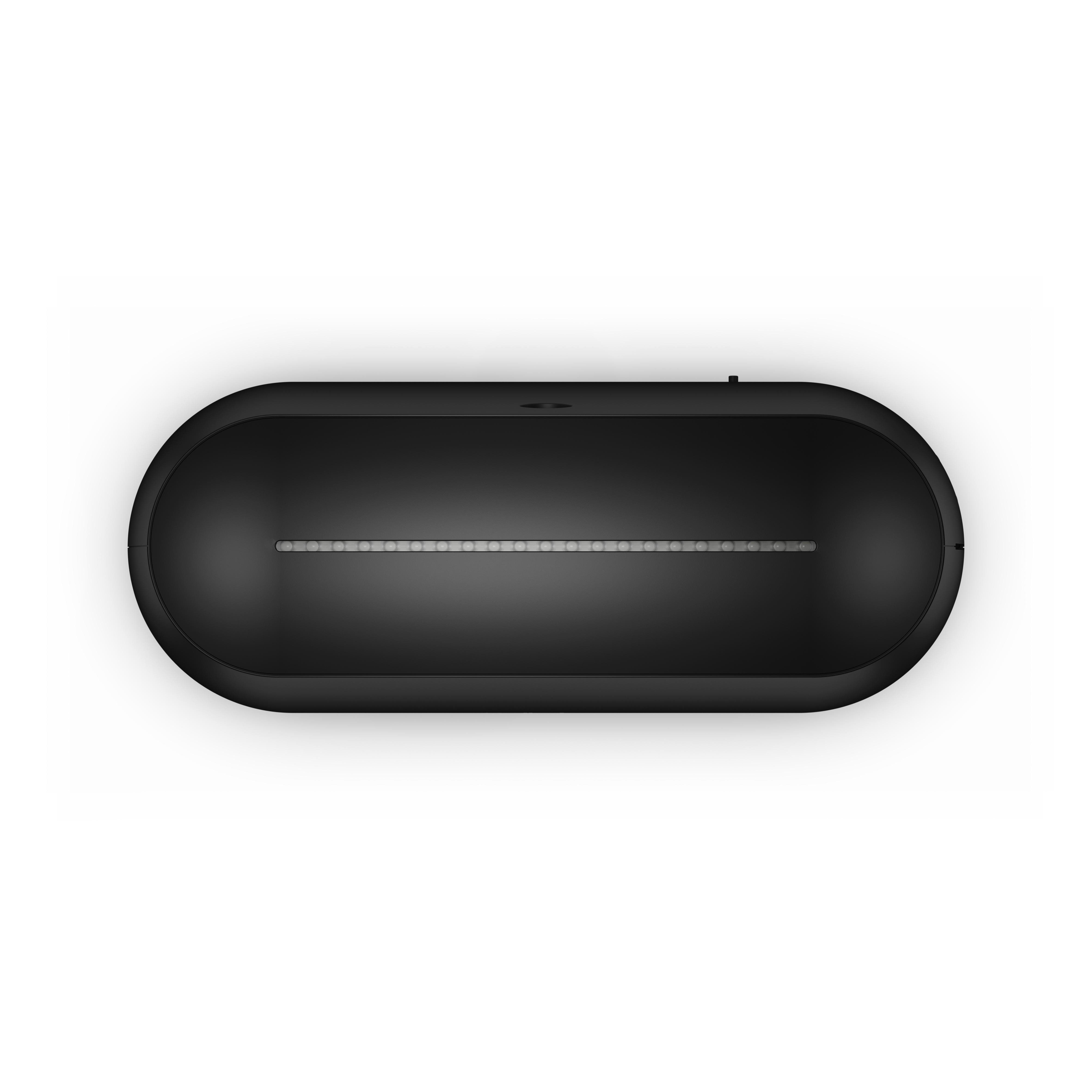Ein schwarzes, oval geformtes Objekt mit einer Lichtlinie in der Mitte. Weißer Hintergrund.