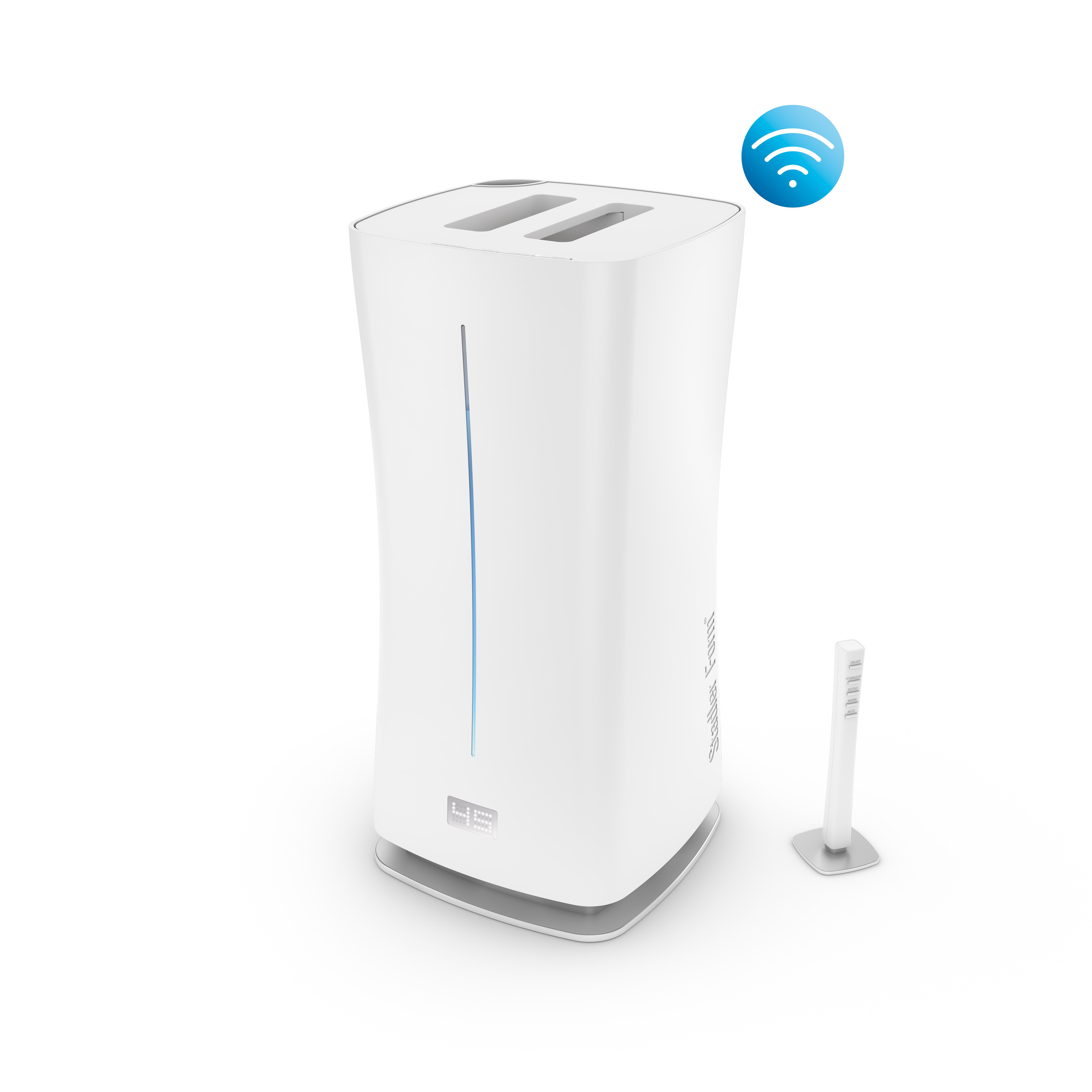 Weißer Smart-Toaster mit zwei Schlitzen. WLAN-Symbol rechts. Kleines Bedienfeld daneben.